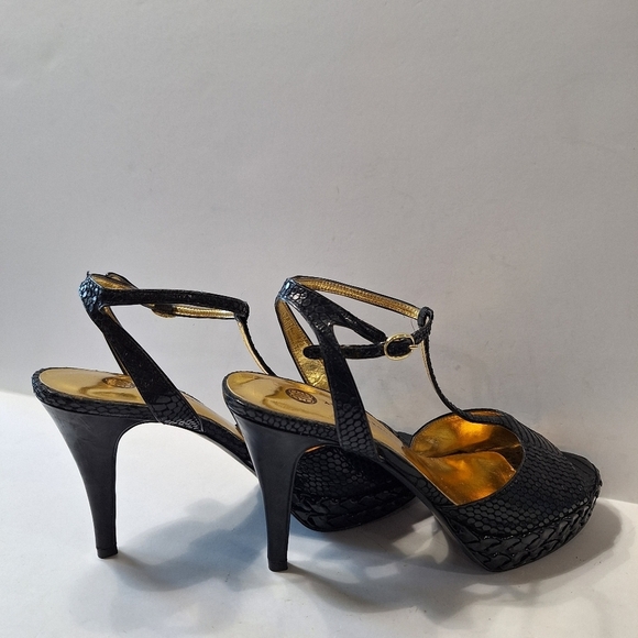 Audrey Brooke Black Yesenie Leather Snake T-Strap Platform Stiletto Heels 8.5 - Picture 8 of 13